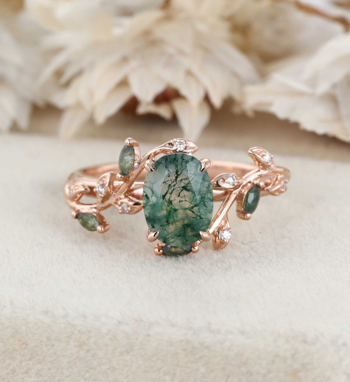 Unique Moss Agate Ring 14K Rose Gold Leaf Moss Agate Engagement Ring Enhancer Promise Wedding Ring Personalized Rings