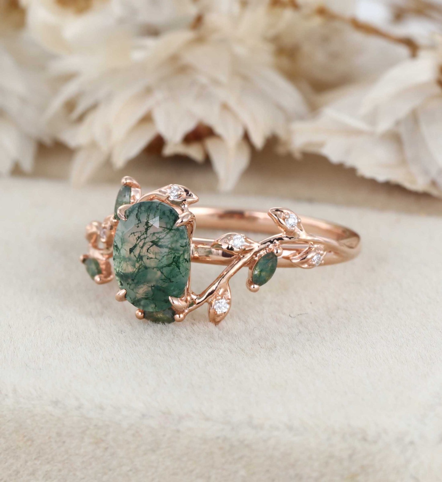 Unique Moss Agate Ring 14K Rose Gold Leaf Moss Agate Engagement Ring Enhancer Promise Wedding Ring Personalized Rings
