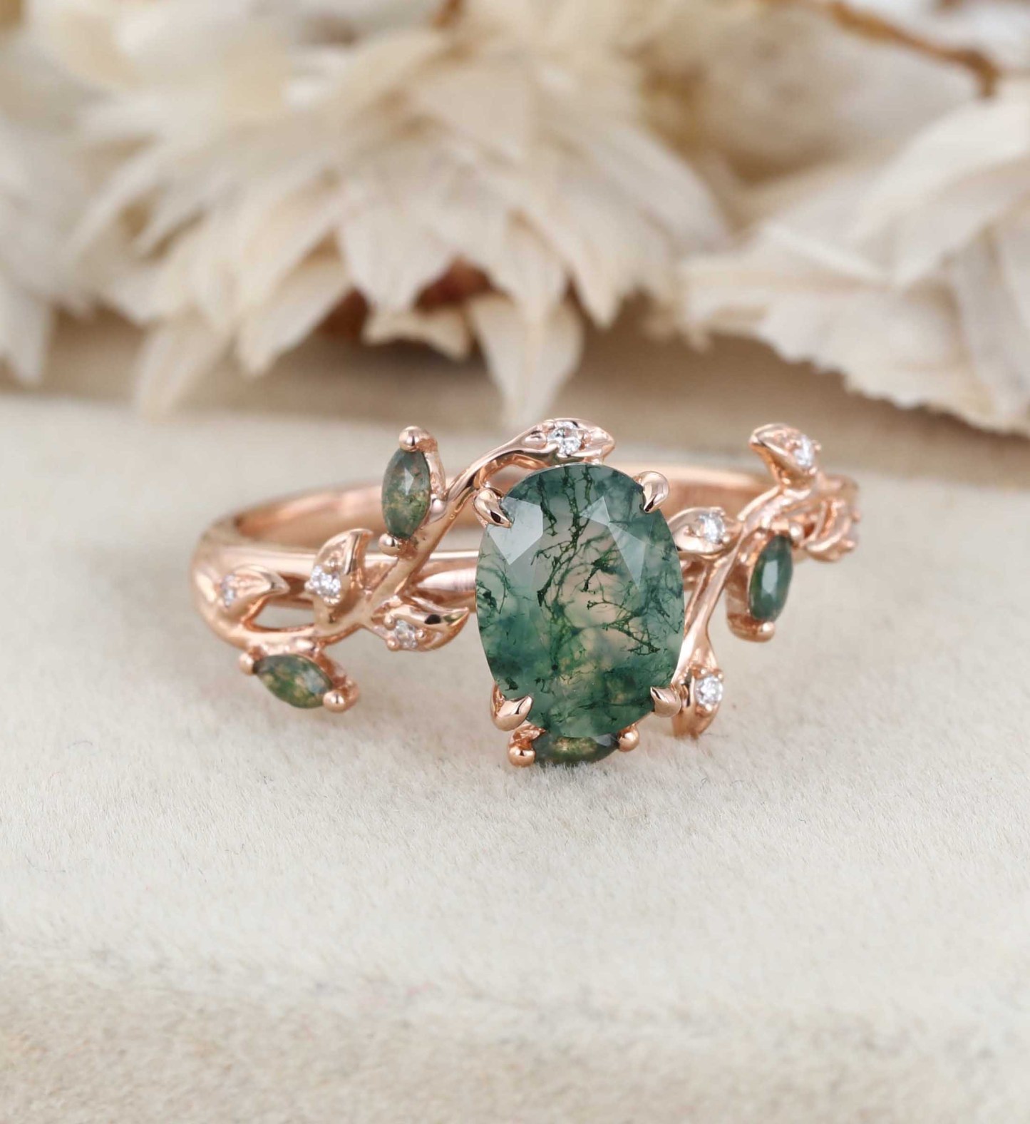 Unique Moss Agate Ring 14K Rose Gold Leaf Moss Agate Engagement Ring Enhancer Promise Wedding Ring Personalized Rings