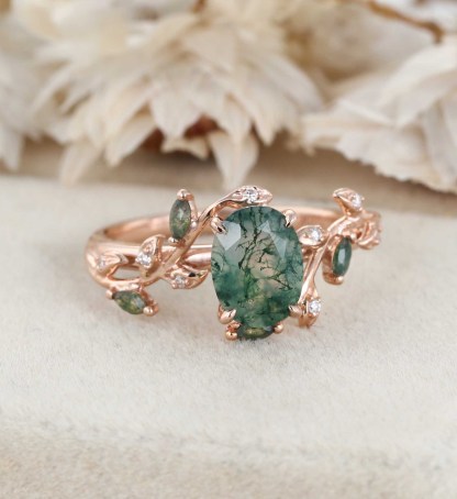 Unique Moss Agate Ring 14K Rose Gold Leaf Moss Agate Engagement Ring Enhancer Promise Wedding Ring Personalized Rings
