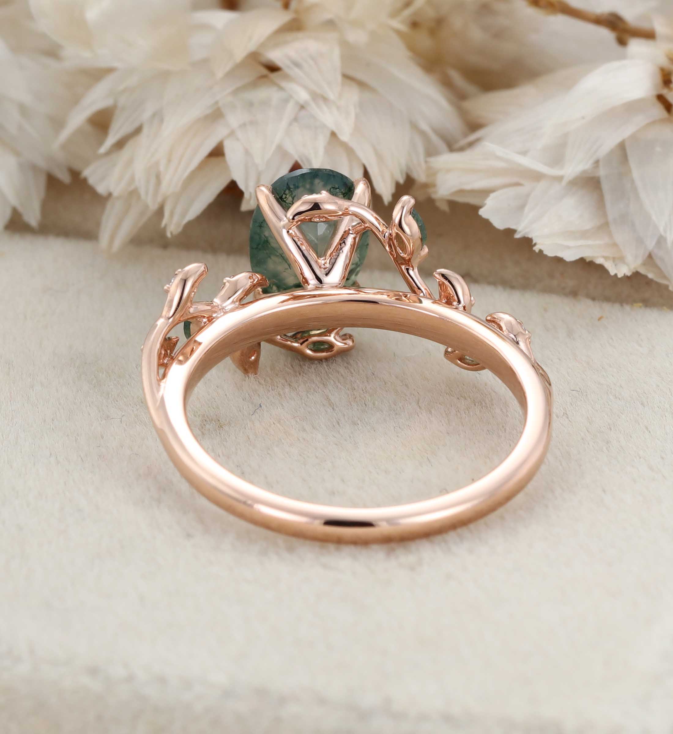 Unique Moss Agate Ring 14K Rose Gold Leaf Moss Agate Engagement Ring Enhancer Promise Wedding Ring Personalized Rings