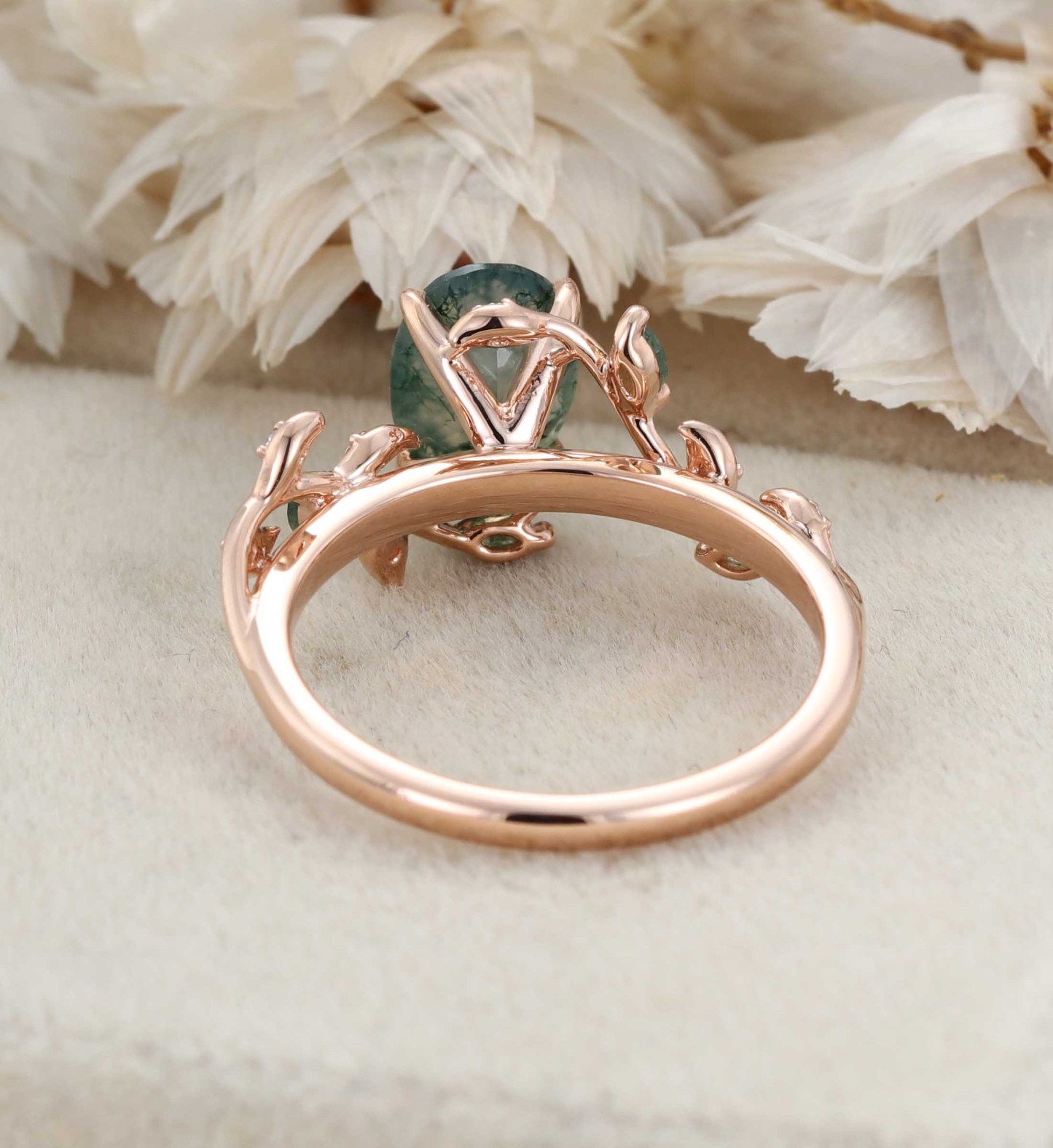 Unique Moss Agate Ring 14K Rose Gold Leaf Moss Agate Engagement Ring Enhancer Promise Wedding Ring Personalized Rings