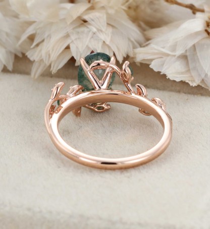 Unique Moss Agate Ring 14K Rose Gold Leaf Moss Agate Engagement Ring Enhancer Promise Wedding Ring Personalized Rings