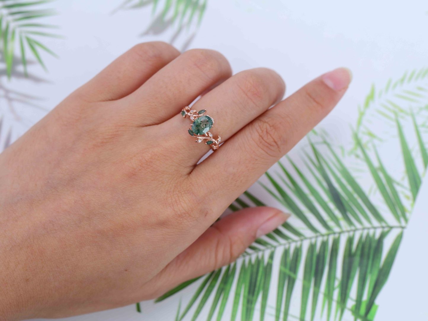 Unique Moss Agate Ring 14K Rose Gold Leaf Moss Agate Engagement Ring Enhancer Promise Wedding Ring Personalized Rings