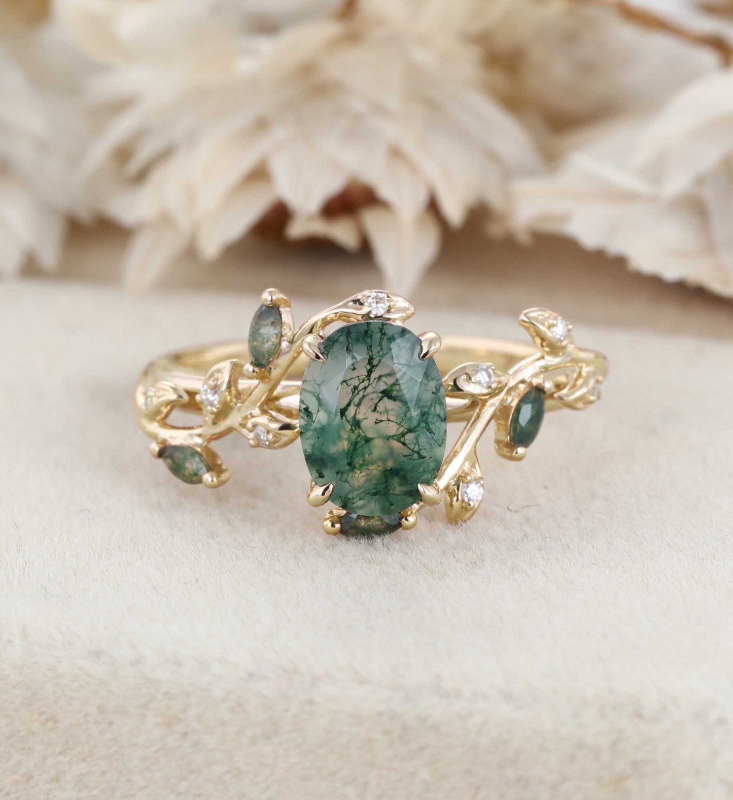 Unique Moss Agate Ring 14K Rose Gold Leaf Moss Agate Engagement Ring Enhancer Promise Wedding Ring Personalized Rings