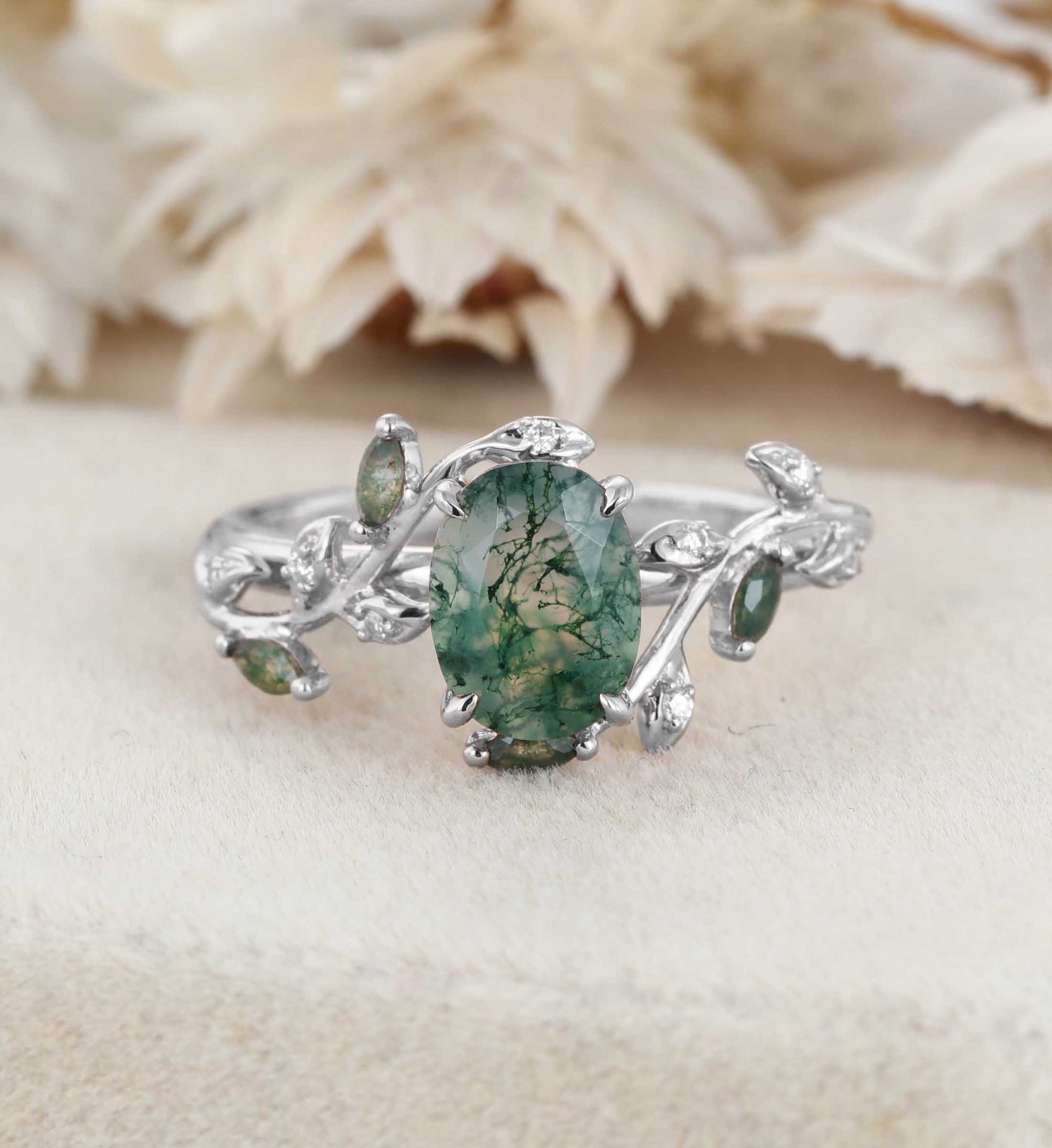 Unique Moss Agate Ring 14K Rose Gold Leaf Moss Agate Engagement Ring Enhancer Promise Wedding Ring Personalized Rings
