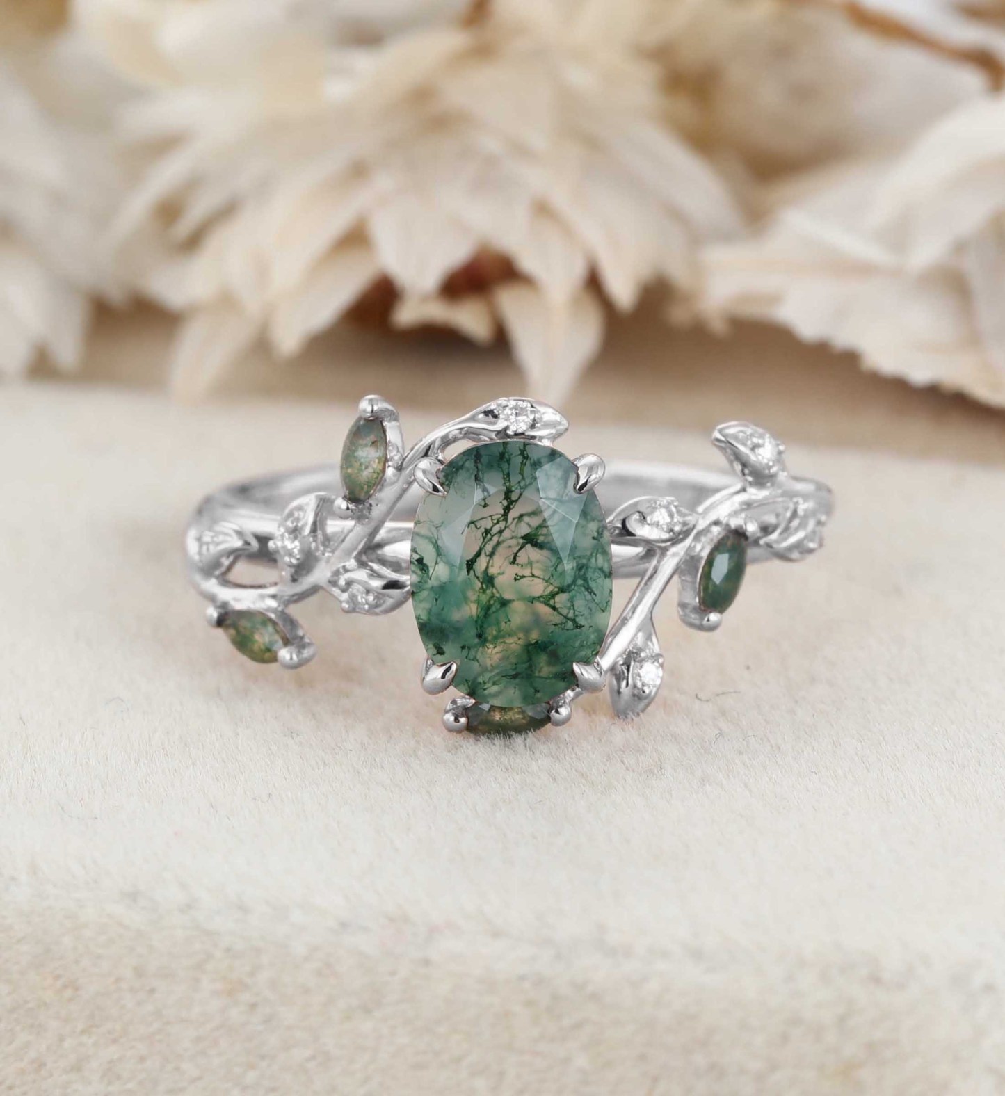 Unique Moss Agate Ring 14K Rose Gold Leaf Moss Agate Engagement Ring Enhancer Promise Wedding Ring Personalized Rings