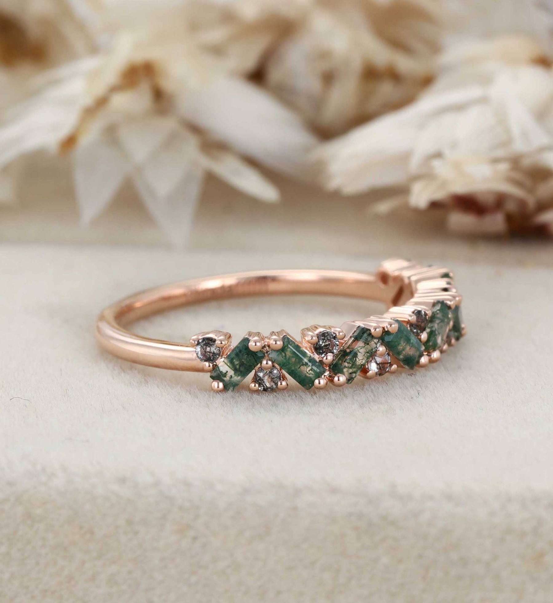 Unique Moss Agate Ring Black Rutilated Quartz Wedding Band Gold Rings Art Deco Eternity Band Moss Agate Matching Rings Personalized Gift For Her