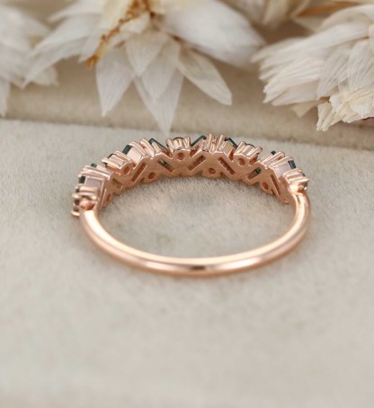 Unique Moss Agate Ring Black Rutilated Quartz Wedding Band Gold Rings Art Deco Eternity Band Moss Agate Matching Rings Personalized Gift For Her