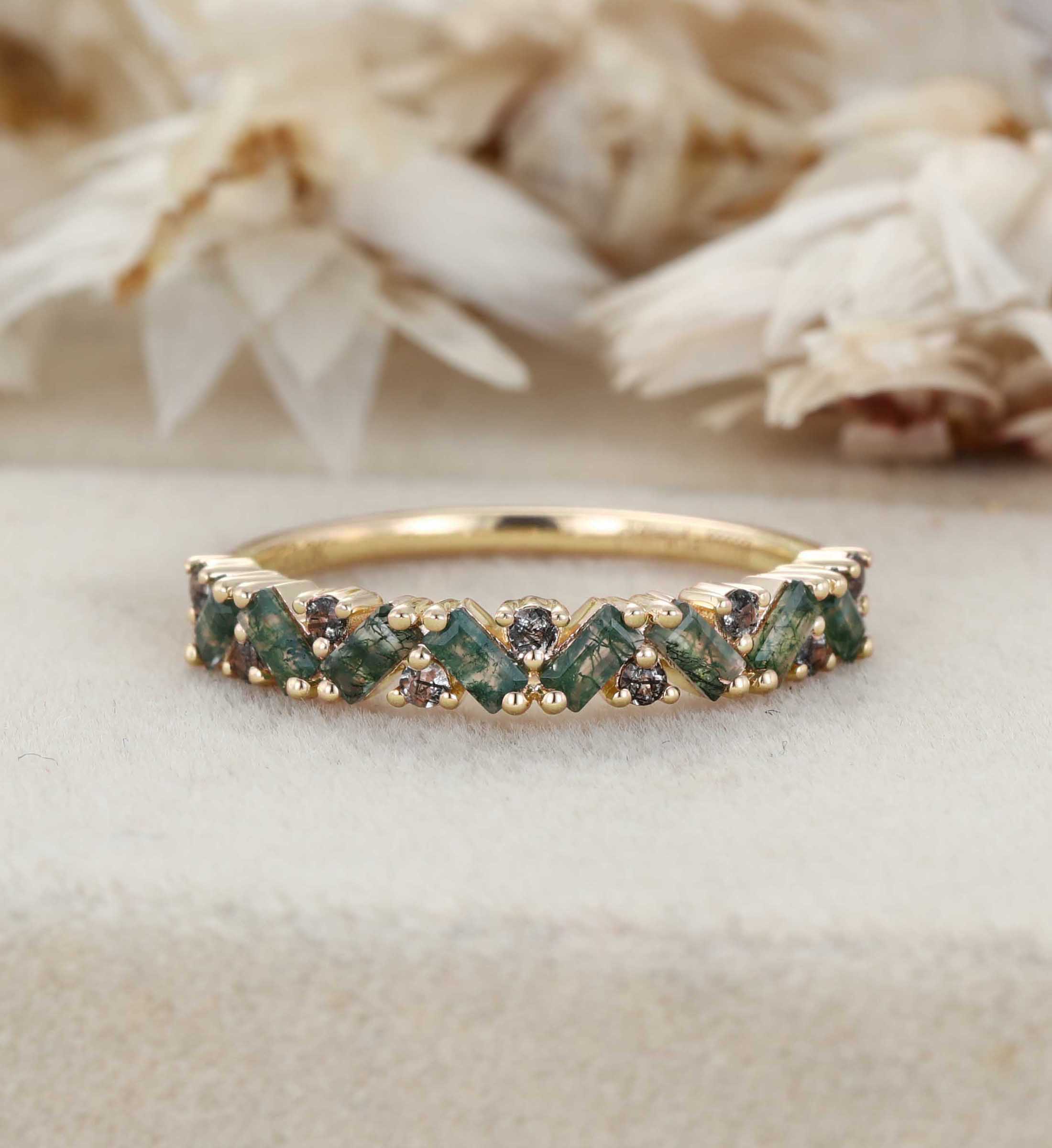 Unique Moss Agate and Black Rutilated Quartz Wedding Band Gold