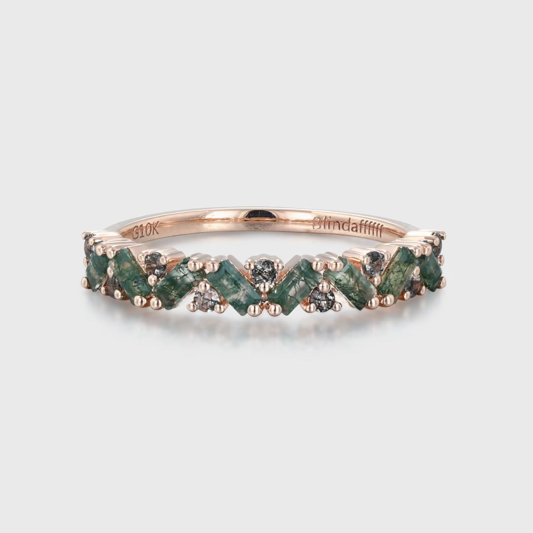 Unique Moss Agate Ring Black Rutilated Quartz Wedding Band Gold Rings Art Deco Eternity Band Moss Agate Matching Rings Personalized Gift For Her