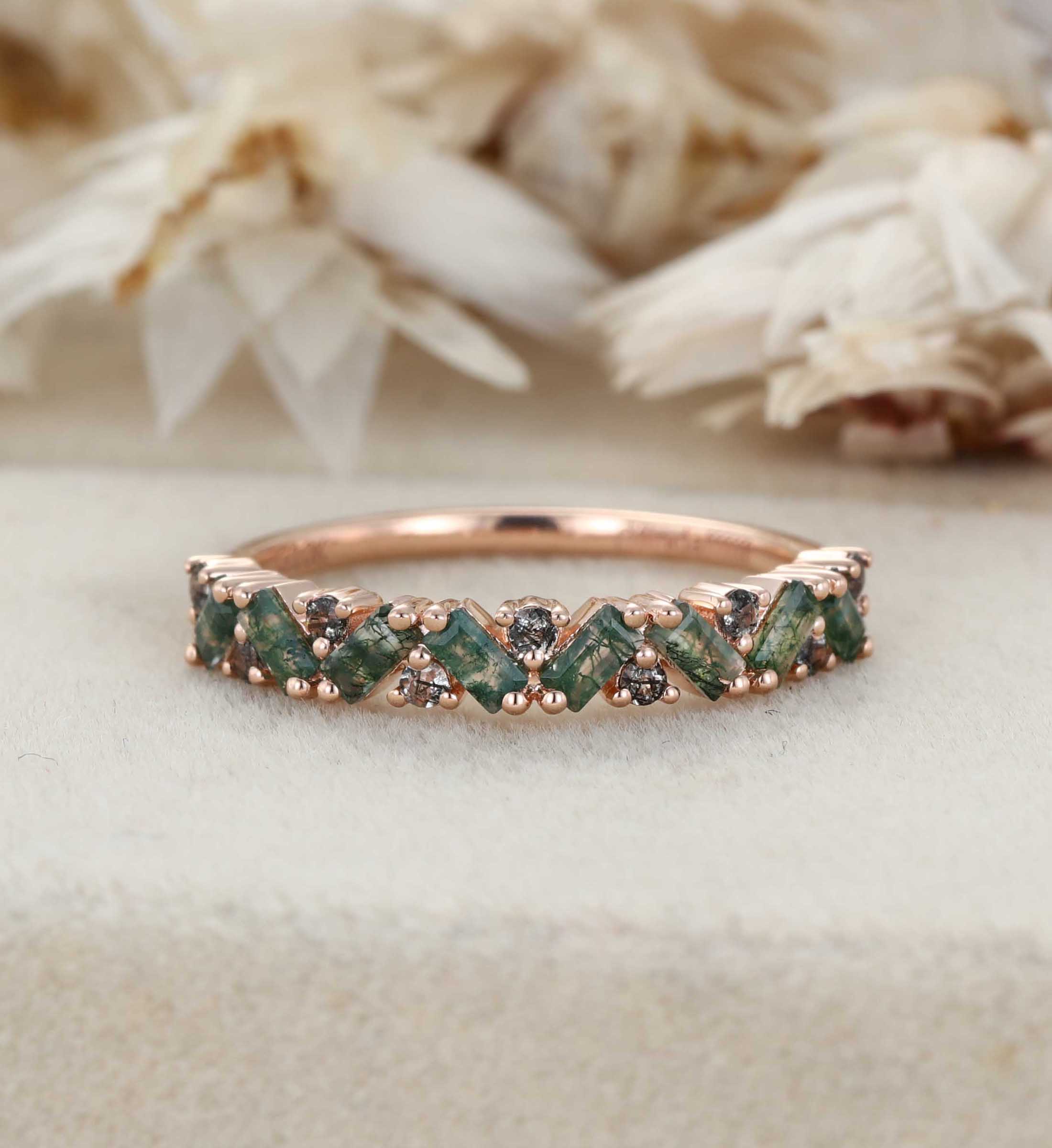 Unique Moss Agate and Black Rutilated Quartz Wedding Band Gold