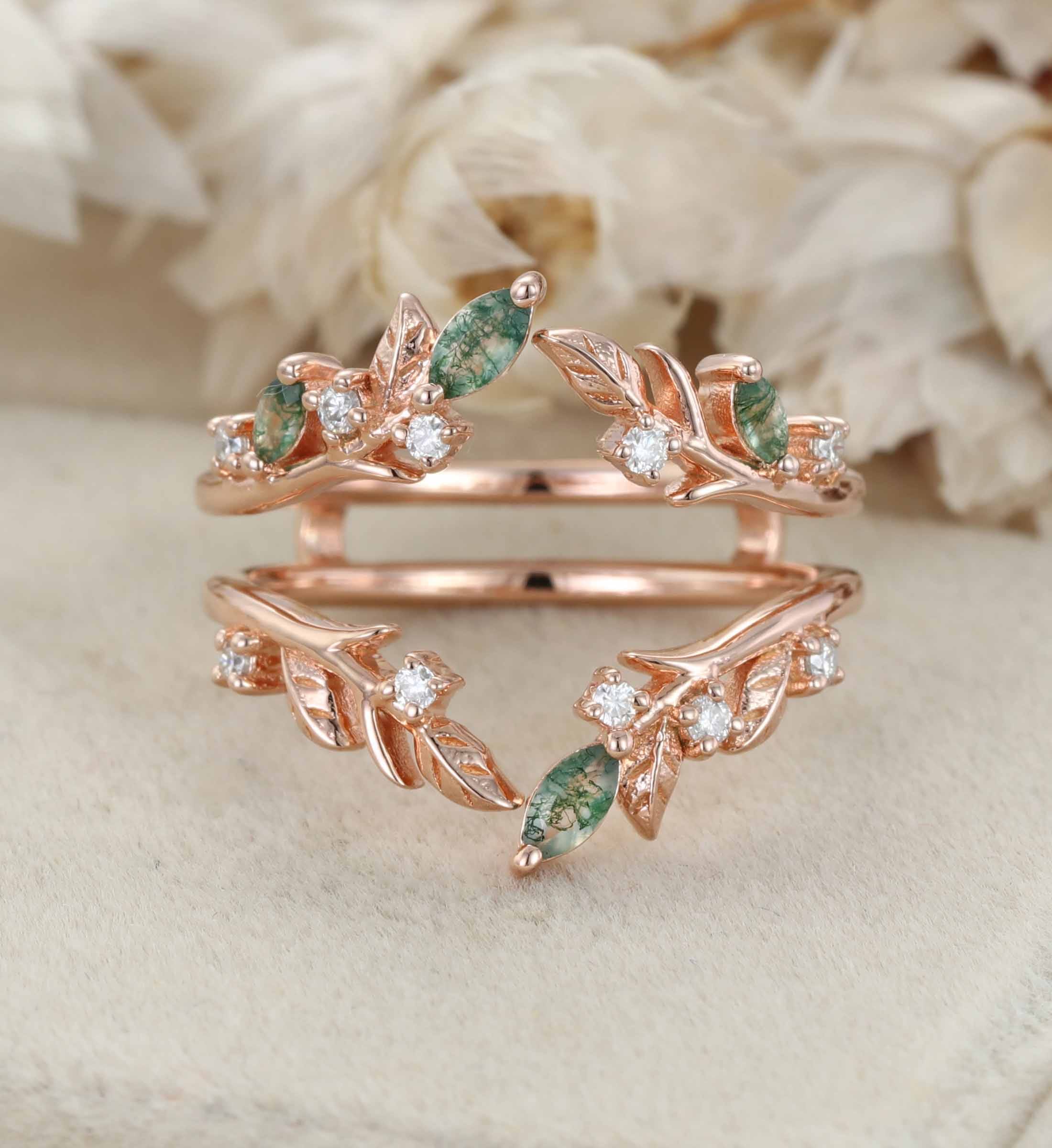 Unique Moss Agate Ring Enhancer – Rose Gold Leaf Branch Double