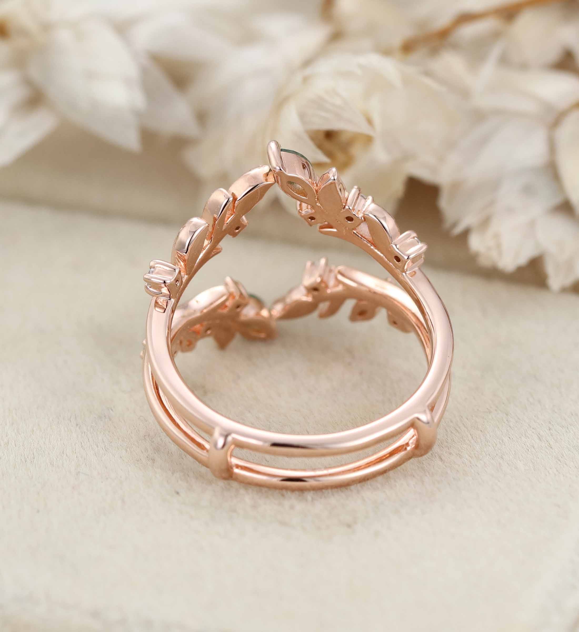 Unique Moss Agate Ring Enhancer – Rose Gold Leaf Branch Double