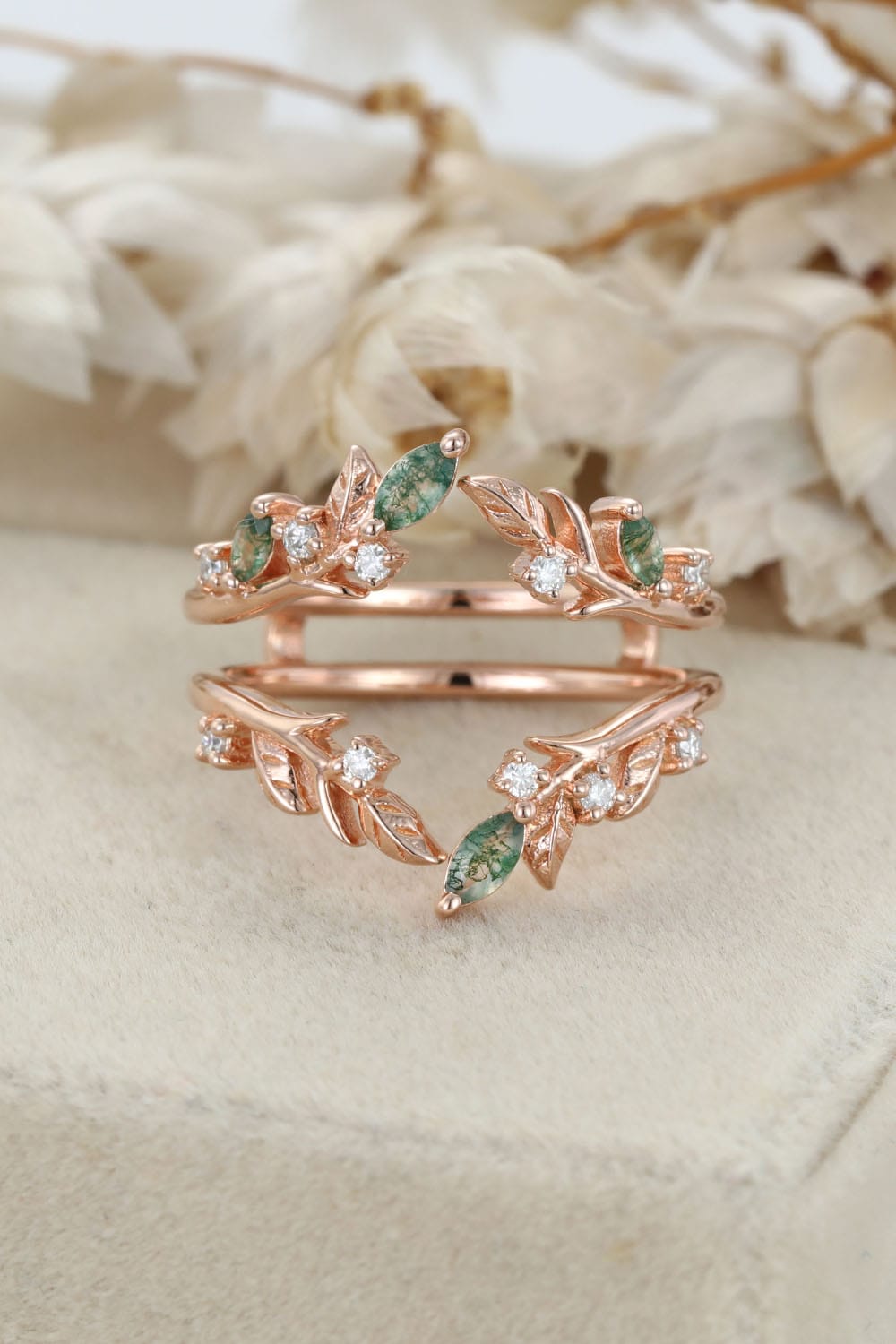Unique Moss Agate Ring Enhancer – Rose Gold Leaf Branch Double
