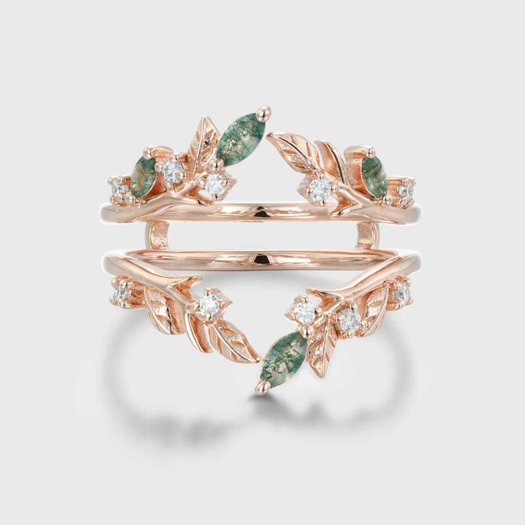 Unique Moss Agate Ring Enhancer Rose Gold Leaf Branch Double Wedding Band Stacking Matching Ring Dainty Moissanite Wedding Ring Promise Ring