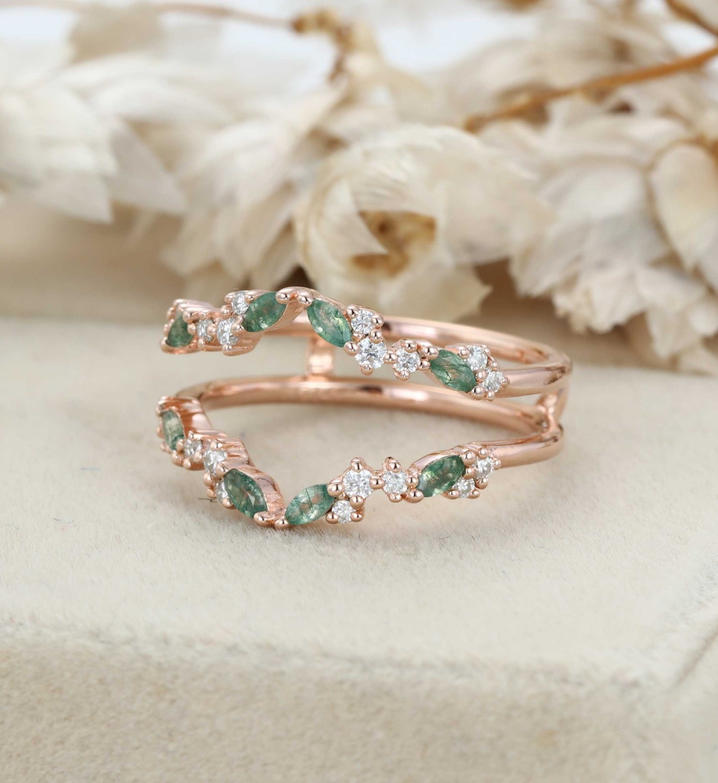 Unique Moss Agate Ring Enhancer Rose Gold Women Moissanite Curved Wedding Band Stacking Matching Promise Ring Personalized Gift For Her