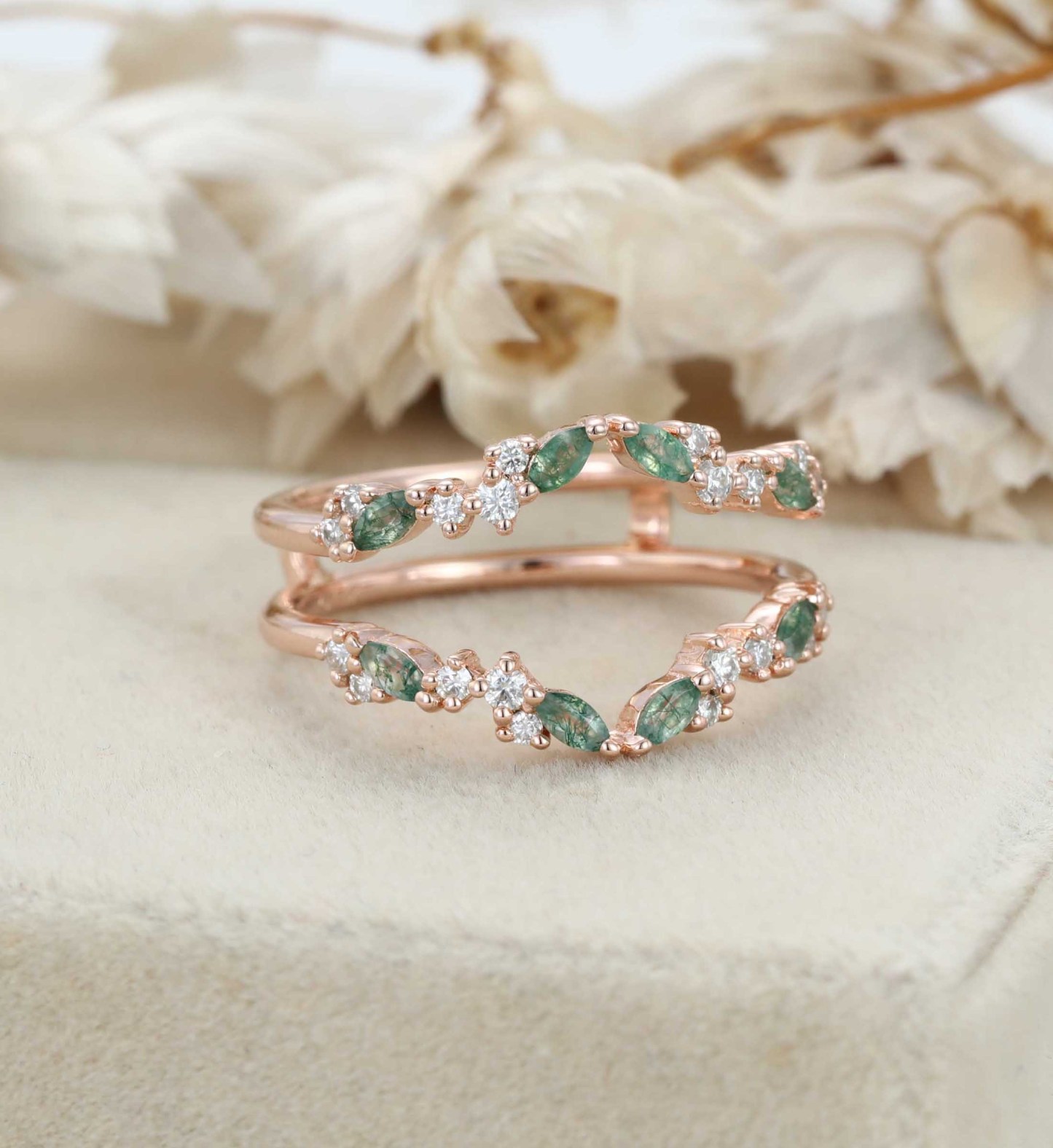 Unique Moss Agate Ring Enhancer Rose Gold Women Moissanite Curved Wedding Band Stacking Matching Promise Ring Personalized Gift For Her