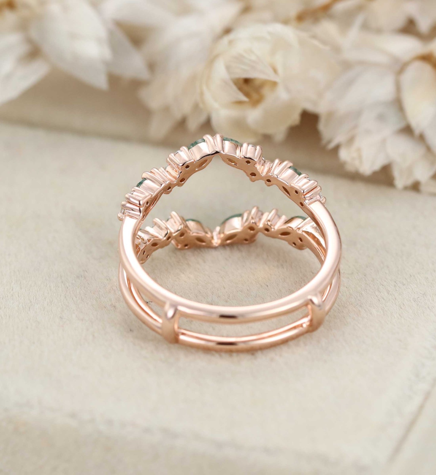 Unique Moss Agate Ring Enhancer Rose Gold Women Moissanite Curved Wedding Band Stacking Matching Promise Ring Personalized Gift For Her