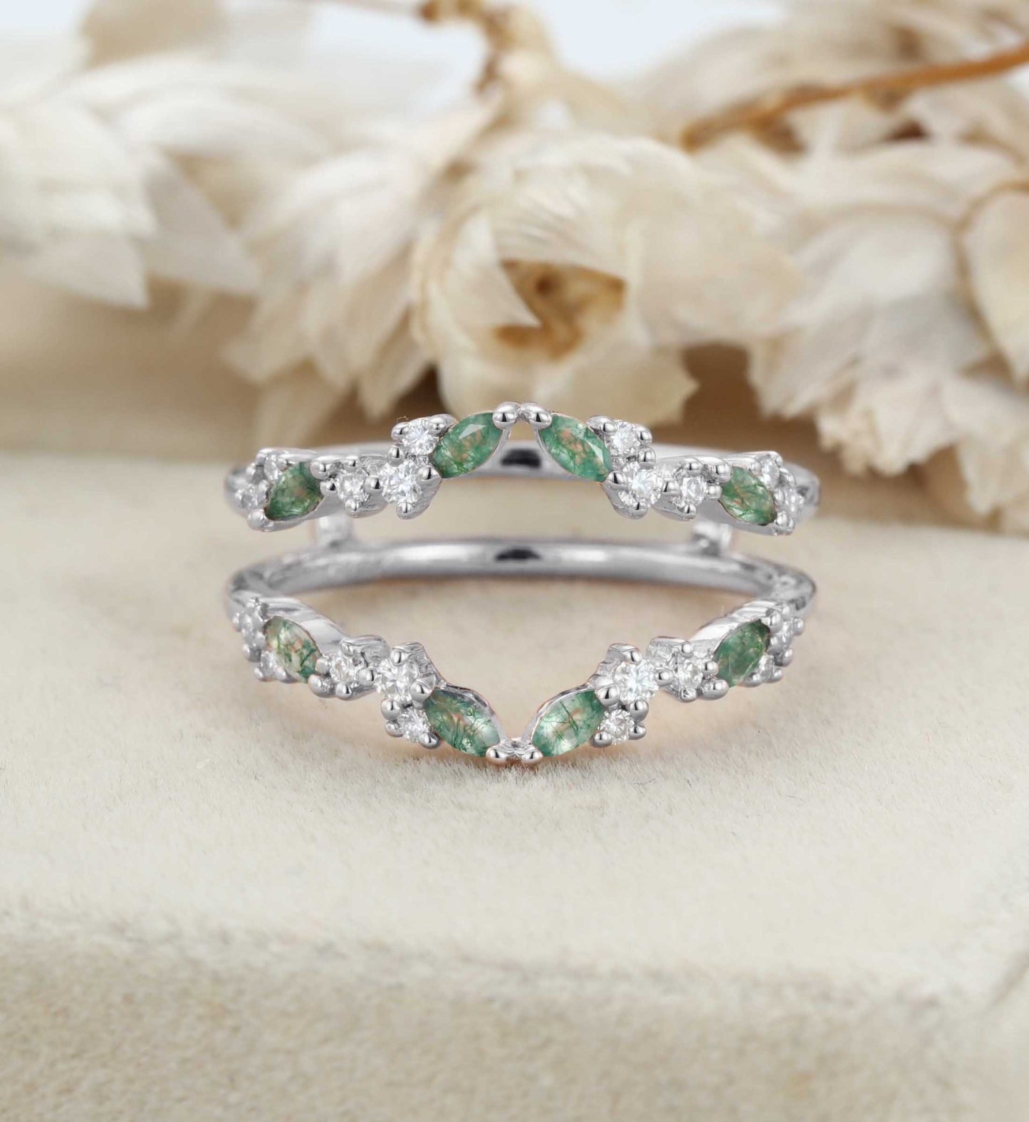 Unique Moss Agate Ring Enhancer Rose Gold Women Moissanite Curved Wedding Band Stacking Matching Promise Ring Personalized Gift For Her