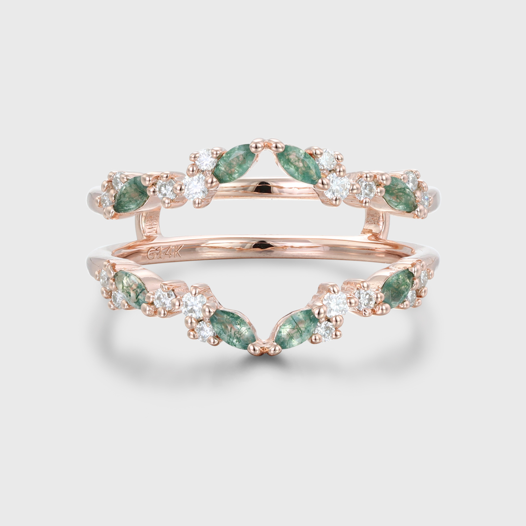 Unique Moss Agate Ring Enhancer Rose Gold Women Moissanite Curved Wedding Band Stacking Matching Promise Ring Personalized Gift For Her