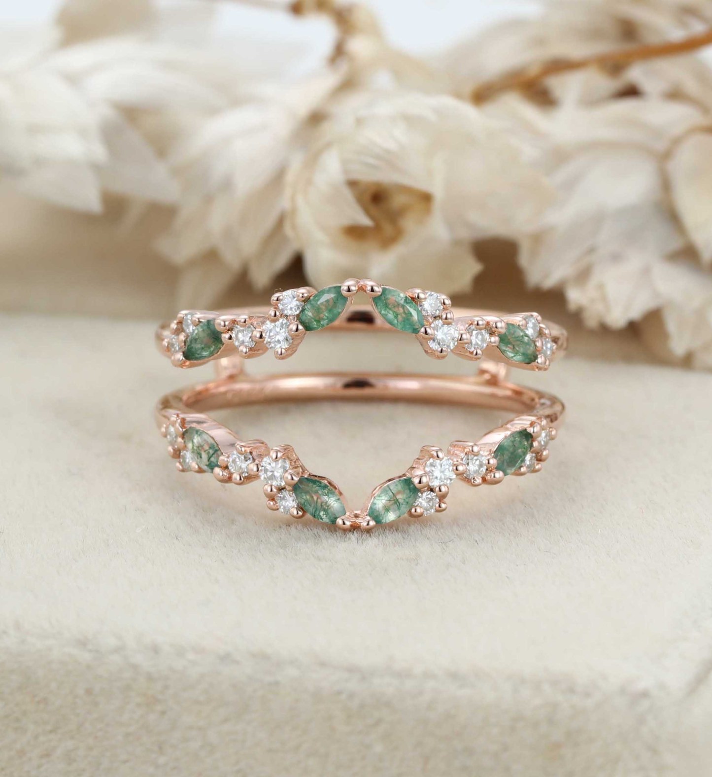 Unique Moss Agate Ring Enhancer Rose Gold Women Moissanite Curved Wedding Band Stacking Matching Promise Ring Personalized Gift For Her