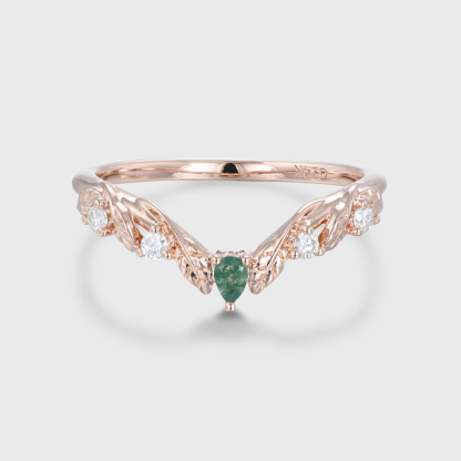 Unique Moss Agate Wedding Band Vintage Curved V Shaped 14k Rose Gold Diamond Ring Leaf Nature Ring