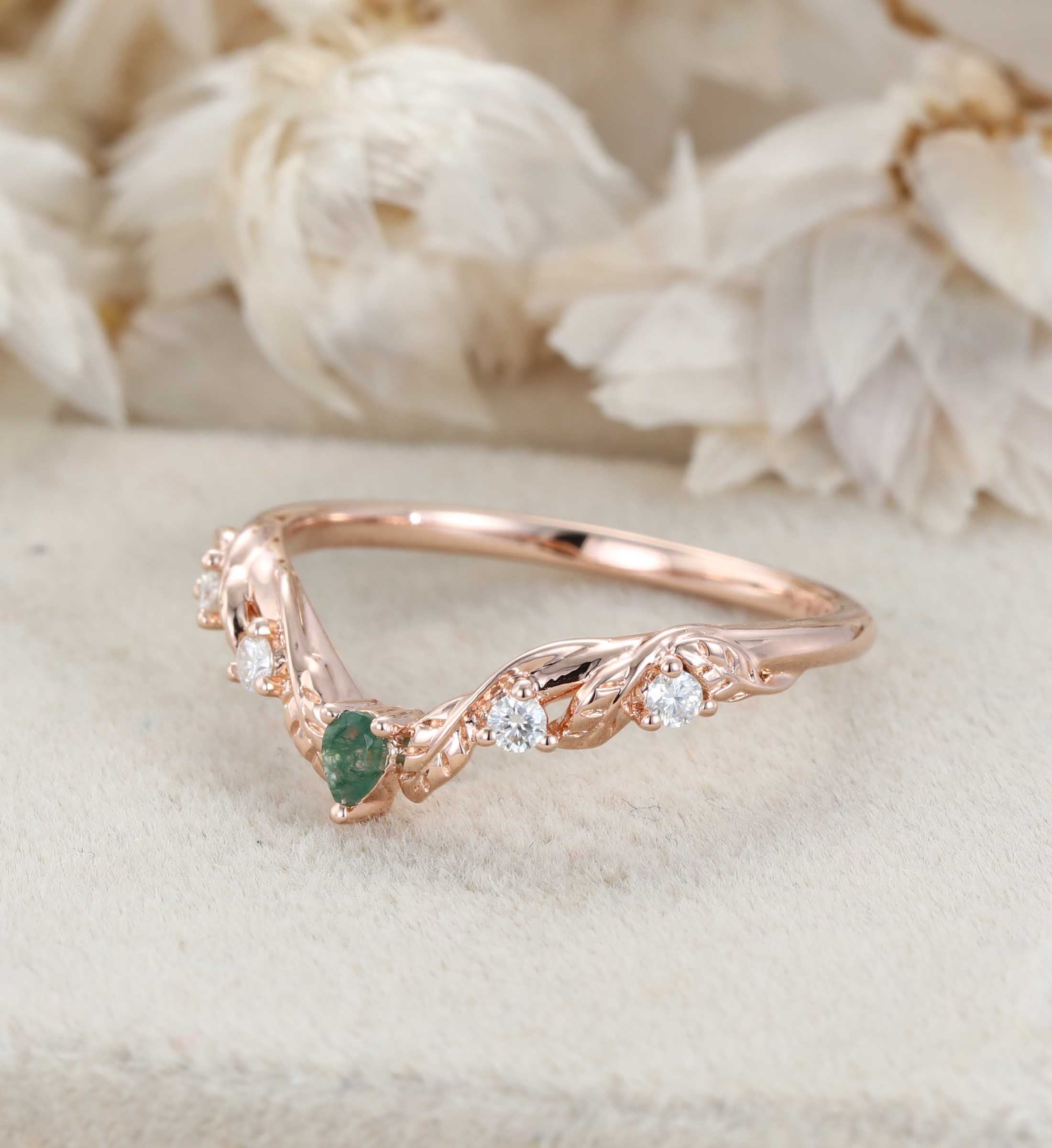Unique Moss Agate Wedding Band Vintage Curved V Shaped 14k Rose Gold Diamond Ring Leaf Nature Ring