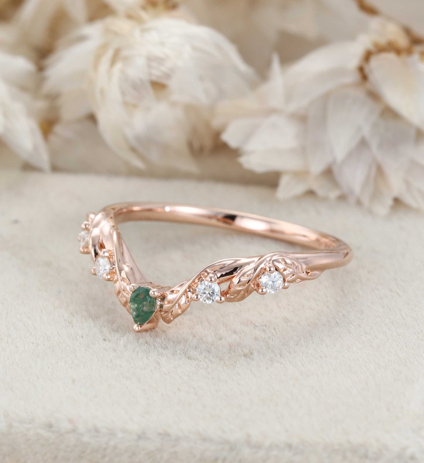 Unique Moss Agate Wedding Band Vintage Curved V Shaped 14k Rose Gold Diamond Ring Leaf Nature Ring