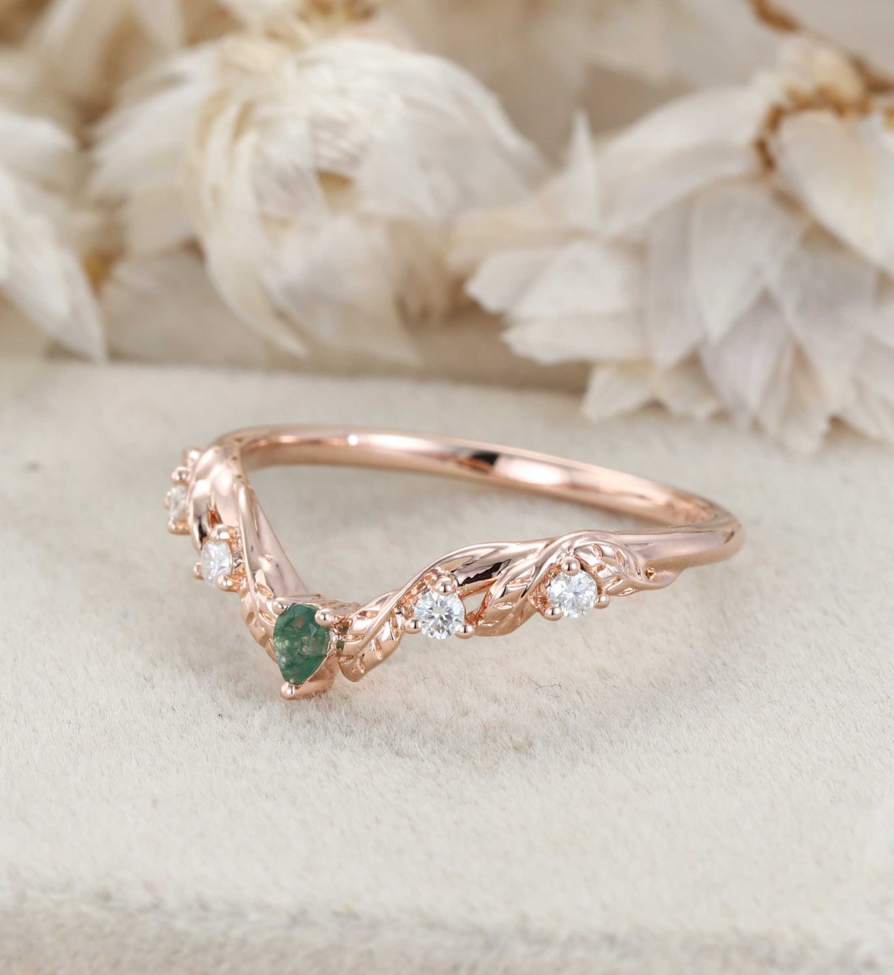 Unique Moss Agate Wedding Band Vintage Curved V Shaped 14k Rose Gold Diamond Ring Leaf Nature Ring