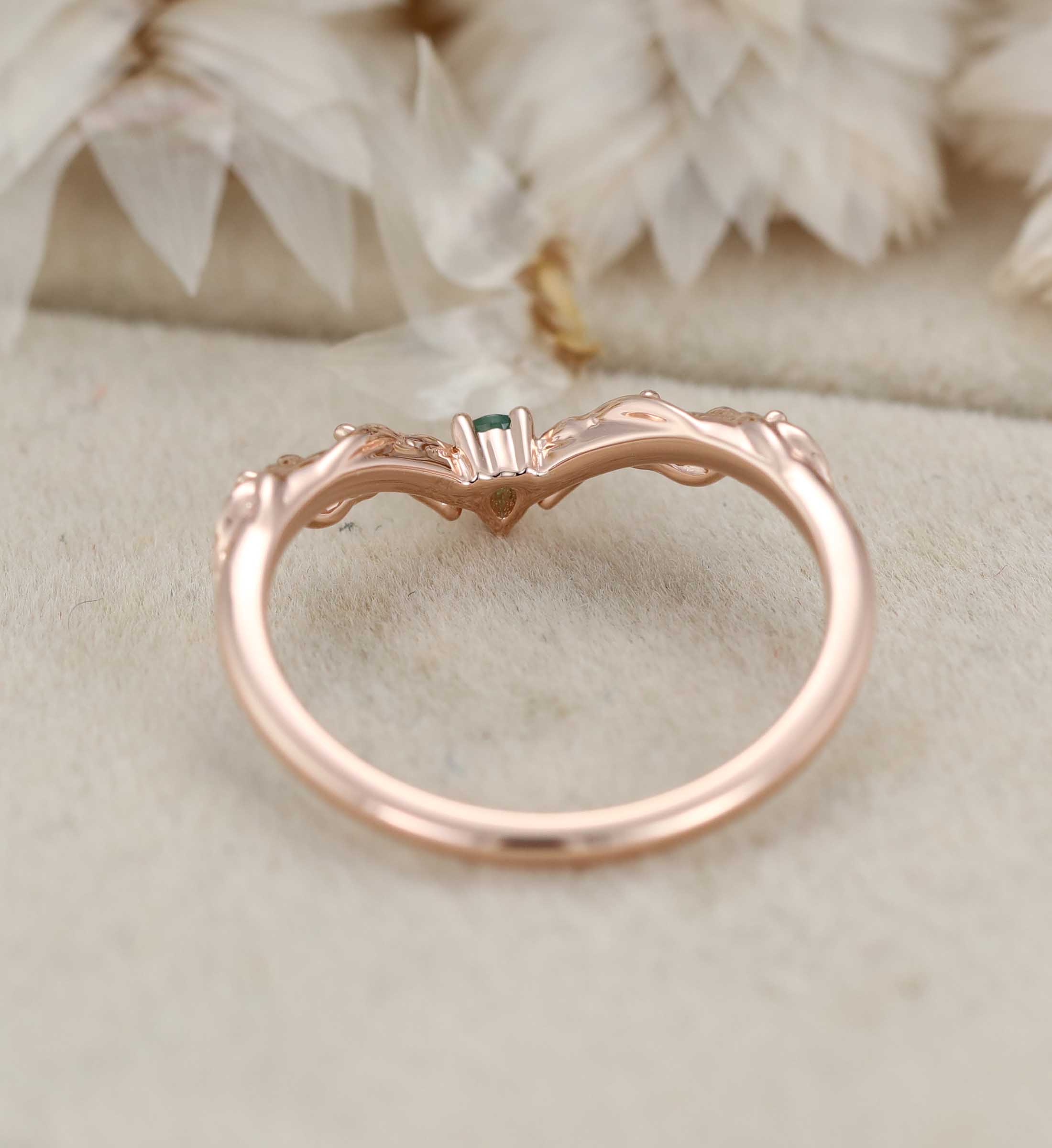 Unique Moss Agate Wedding Band Vintage Curved V Shaped 14k Rose Gold Diamond Ring Leaf Nature Ring