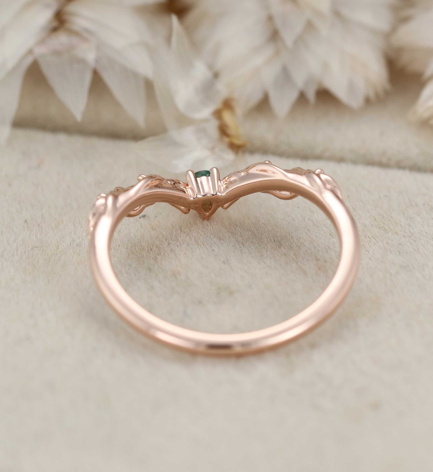 Unique Moss Agate Wedding Band Vintage Curved V Shaped 14k Rose Gold Diamond Ring Leaf Nature Ring