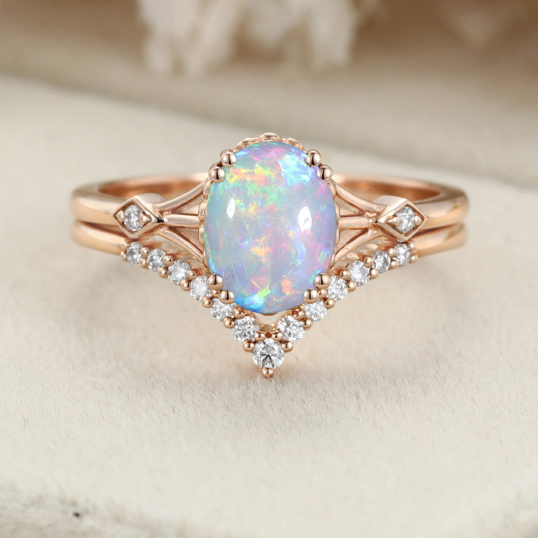 Unique Opal engagement ring set Vintage Oval cut Unique cluster Diamond ring Rose gold wedding Bridal promise ring set Anniversary gift