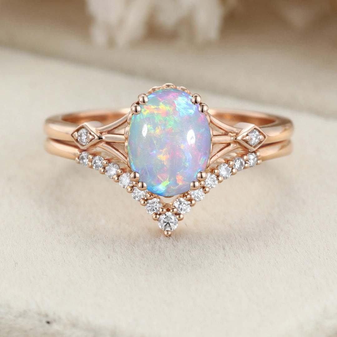 Unique Opal engagement ring set Vintage Oval cut Unique cluster Diamond ring Rose gold wedding Bridal promise ring set Anniversary gift