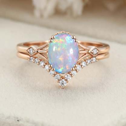 Unique Opal engagement ring set Vintage Oval cut Unique cluster Diamond ring Rose gold wedding Bridal promise ring set Anniversary gift
