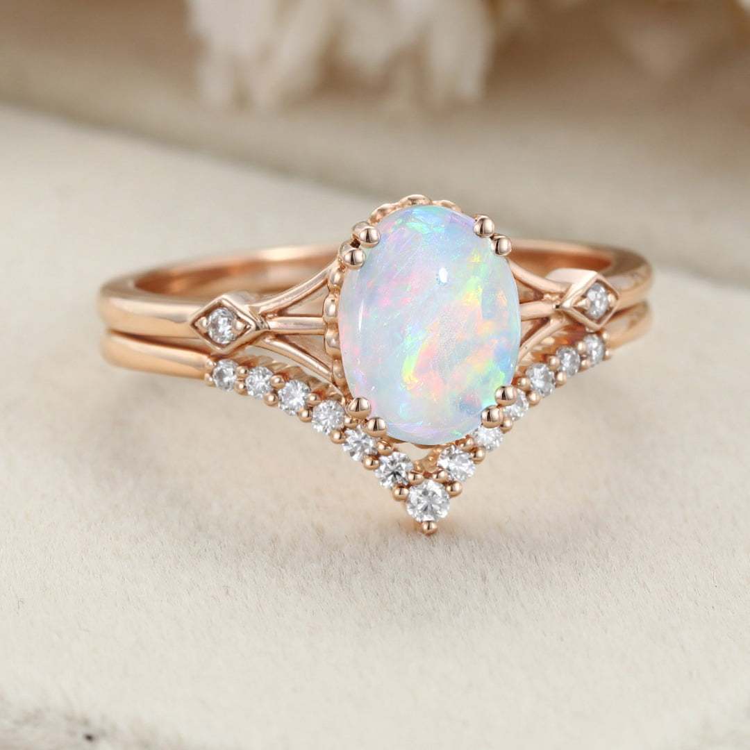 Unique Opal engagement ring set Vintage Oval cut Unique cluster Diamond ring Rose gold wedding Bridal promise ring set Anniversary gift