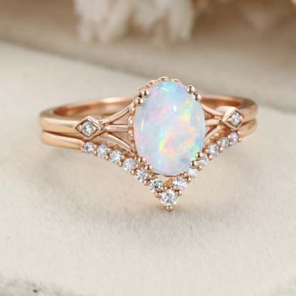 Unique Opal engagement ring set Vintage Oval cut Unique cluster Diamond ring Rose gold wedding Bridal promise ring set Anniversary gift