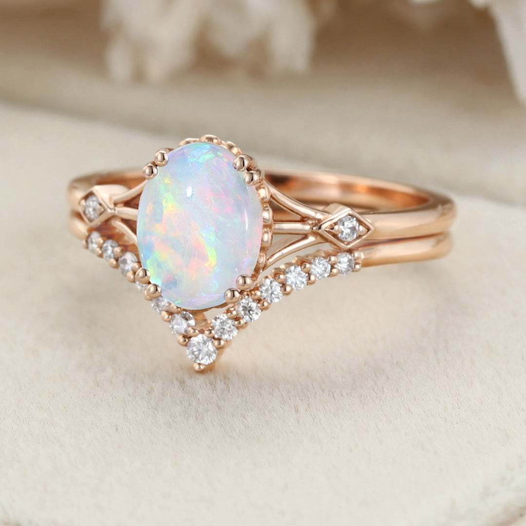 Unique Opal engagement ring set Vintage Oval cut Unique cluster Diamond ring Rose gold wedding Bridal promise ring set Anniversary gift
