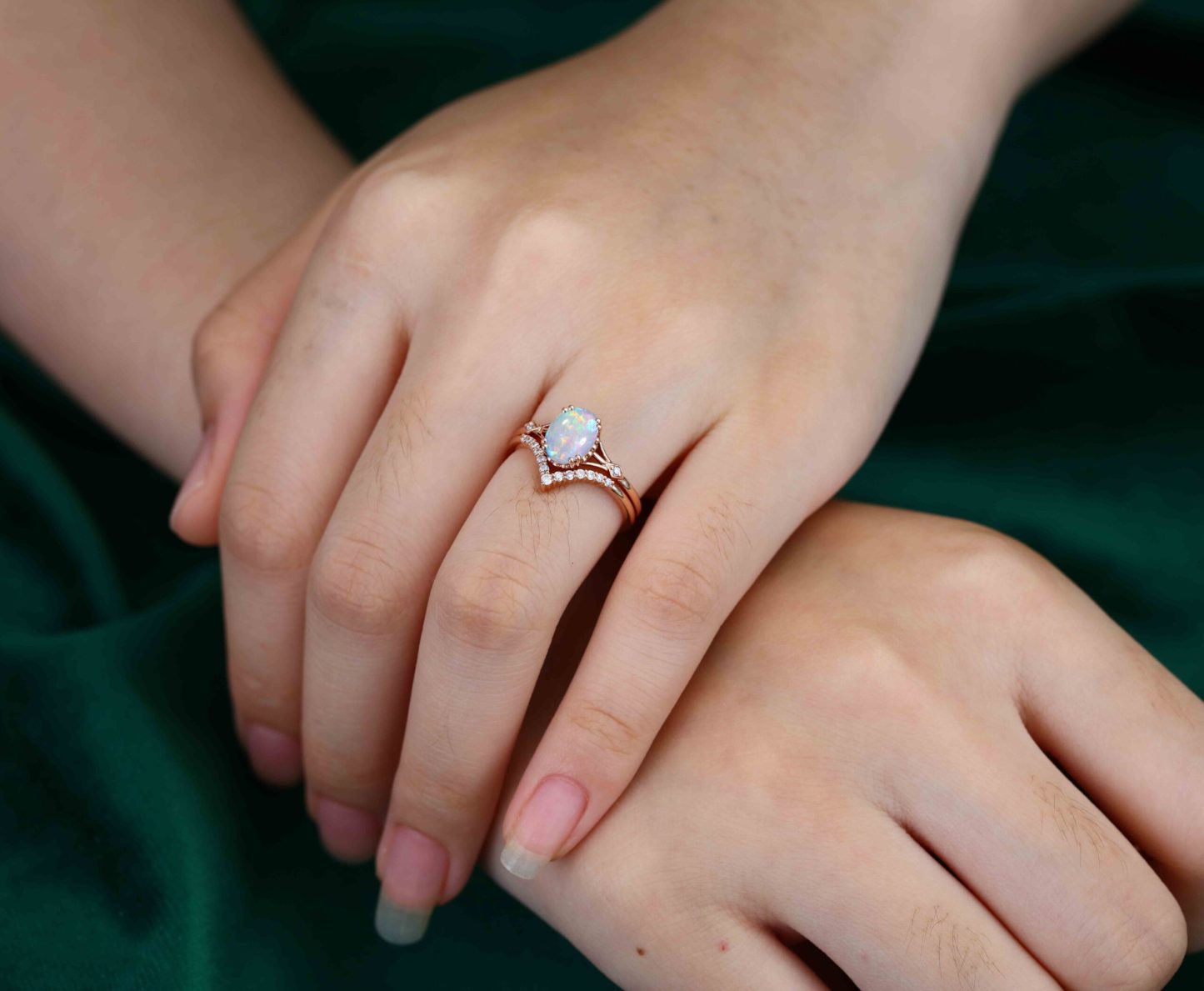 Unique Opal engagement ring set Vintage Oval cut Unique cluster Diamond ring Rose gold wedding Bridal promise ring set Anniversary gift