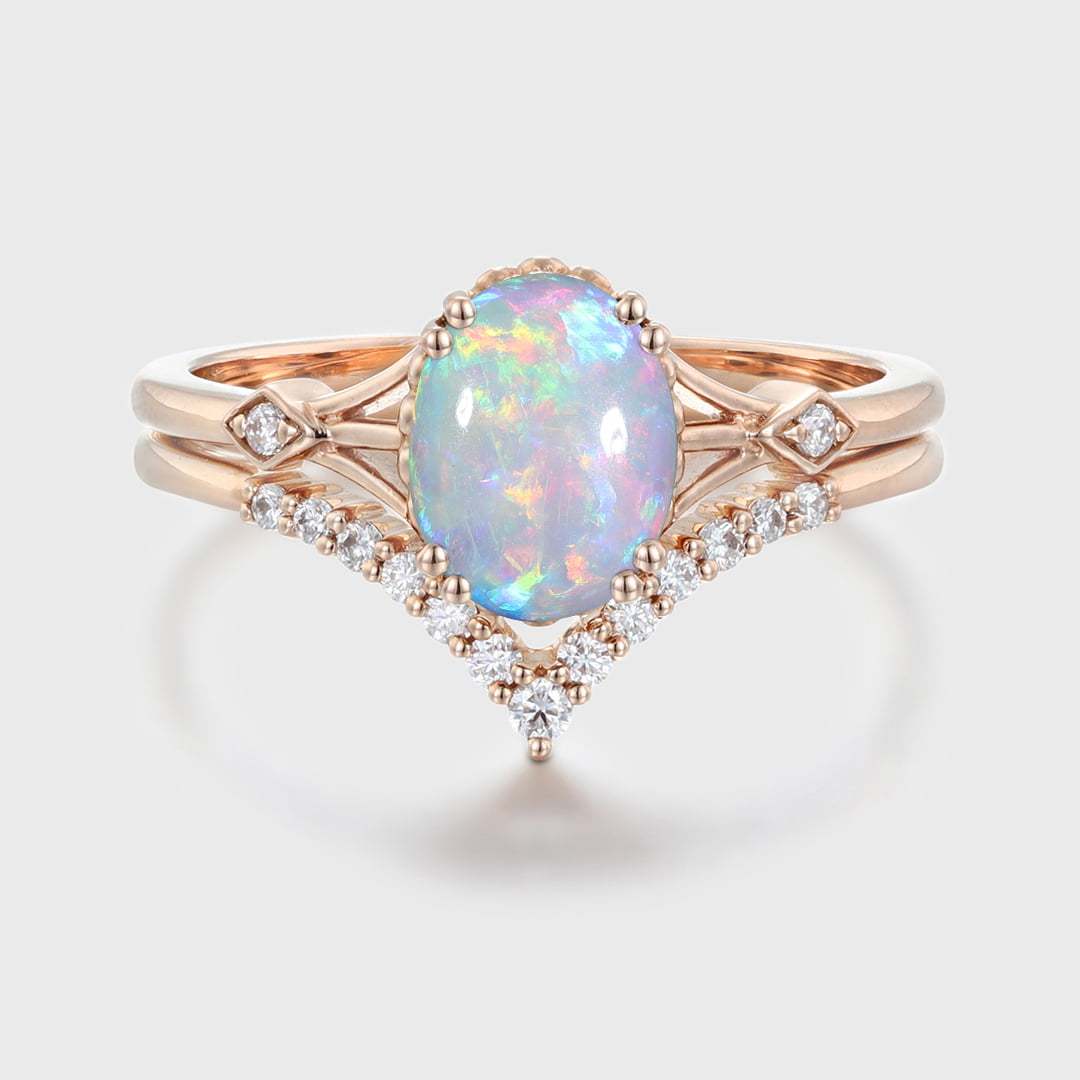 Unique Opal engagement ring set Vintage Oval cut Unique cluster Diamond ring Rose gold wedding Bridal promise ring set Anniversary gift