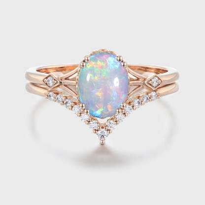 Unique Opal engagement ring set Vintage Oval cut Unique cluster Diamond ring Rose gold wedding Bridal promise ring set Anniversary gift