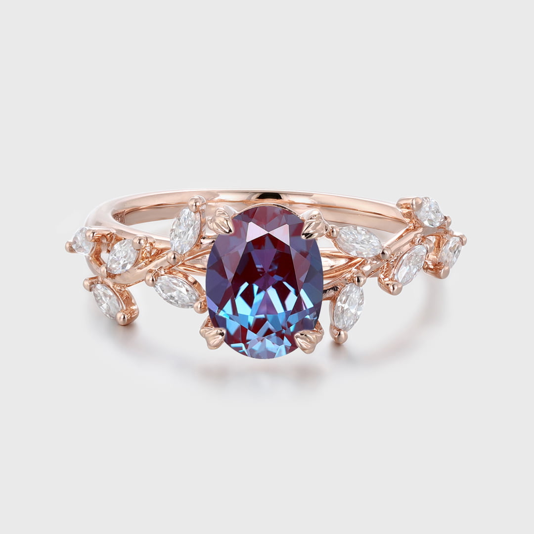 Unique Oval Cut Lab Alexandrite Engagement Ring 14K Solid Gold Ring Branch Marquise Moissanite Cluster Ring