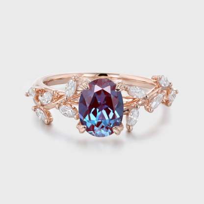 Unique Oval Cut Lab Alexandrite Engagement Ring 14K Solid Gold Ring Branch Marquise Moissanite Cluster Ring