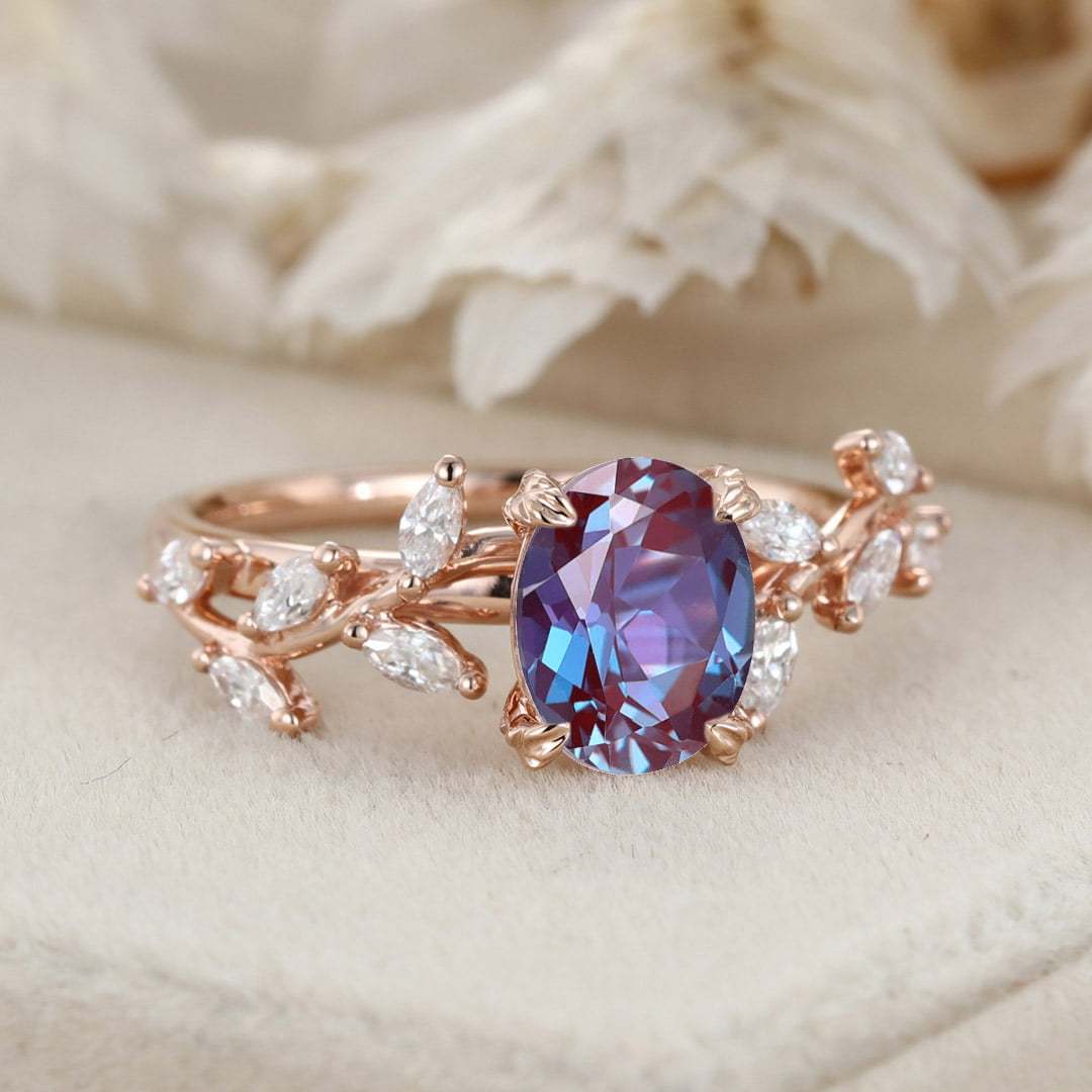 Unique Oval Cut Lab Alexandrite Engagement Ring 14K Solid Gold Ring Branch Marquise Moissanite Cluster Ring