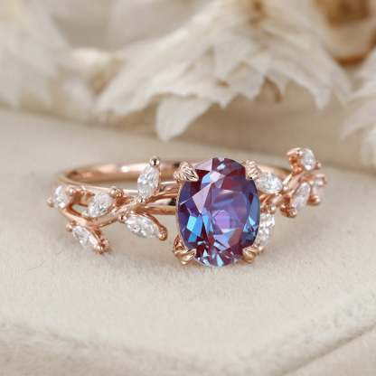 Unique Oval Cut Lab Alexandrite Engagement Ring 14K Solid Gold Ring Branch Marquise Moissanite Cluster Ring