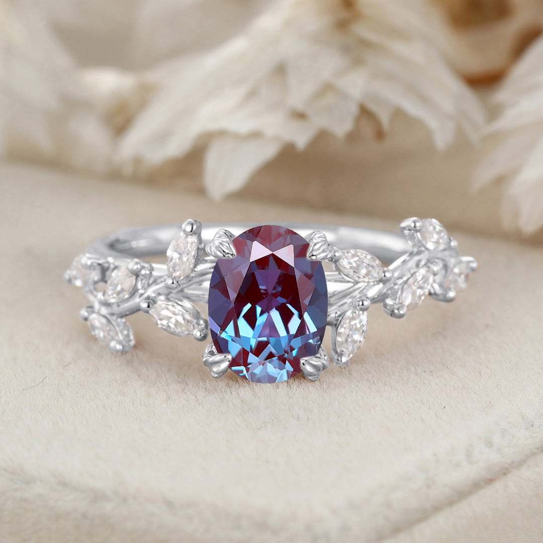 Unique Oval Cut Lab Alexandrite Engagement Ring 14K Solid Gold Ring Branch Marquise Moissanite Cluster Ring