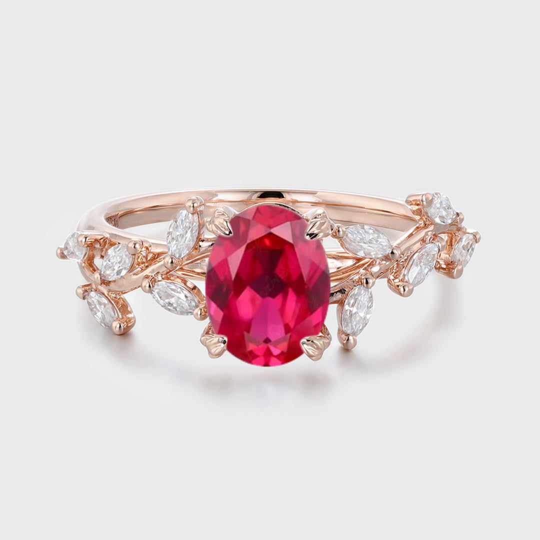 Unique Oval Cut Lab-Grown Ruby Engagement Ring 14K Solid Gold Ring Branch Marquise Moissanite Cluster Ring