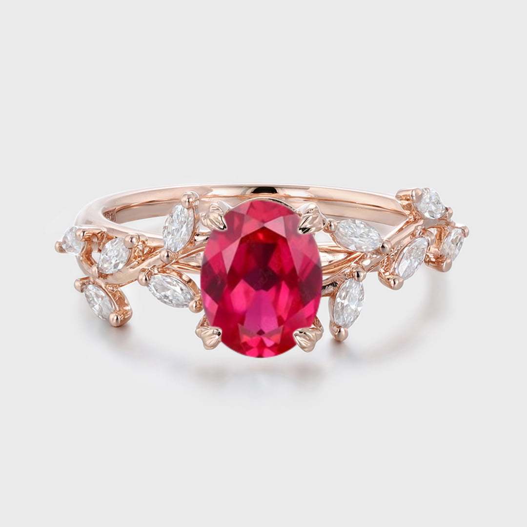 Unique Oval Cut Lab-Grown Ruby Engagement Ring 14K Solid Gold Ring Branch Marquise Moissanite Cluster Ring