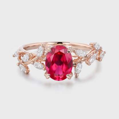 Unique Oval Cut Lab-Grown Ruby Engagement Ring 14K Solid Gold Ring Branch Marquise Moissanite Cluster Ring