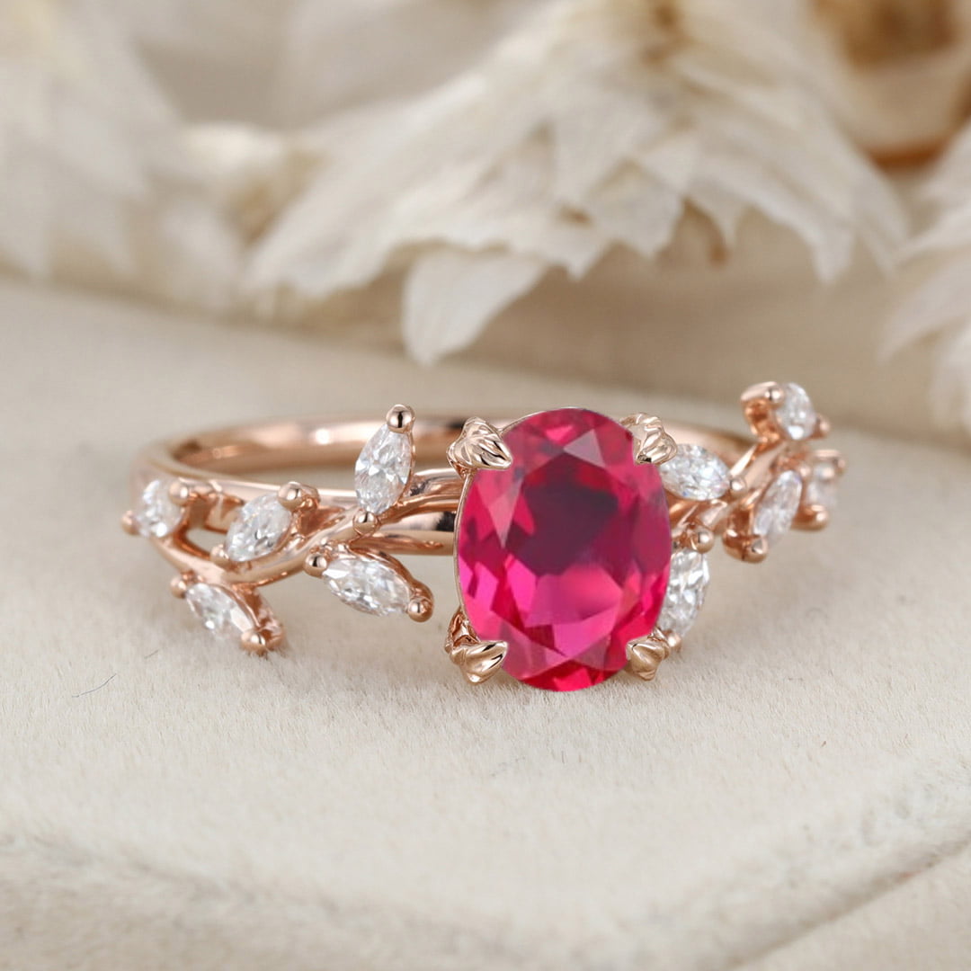 Unique Oval Cut Lab-Grown Ruby Engagement Ring 14K Solid Gold Ring Branch Marquise Moissanite Cluster Ring